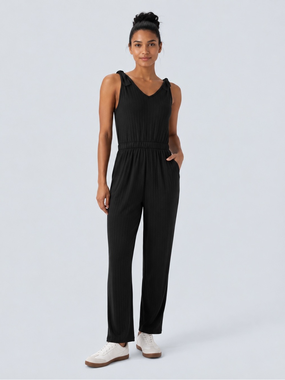 Halara Black Ribbed Knit Knot Shoulder Jumpsuit S Regular NWT